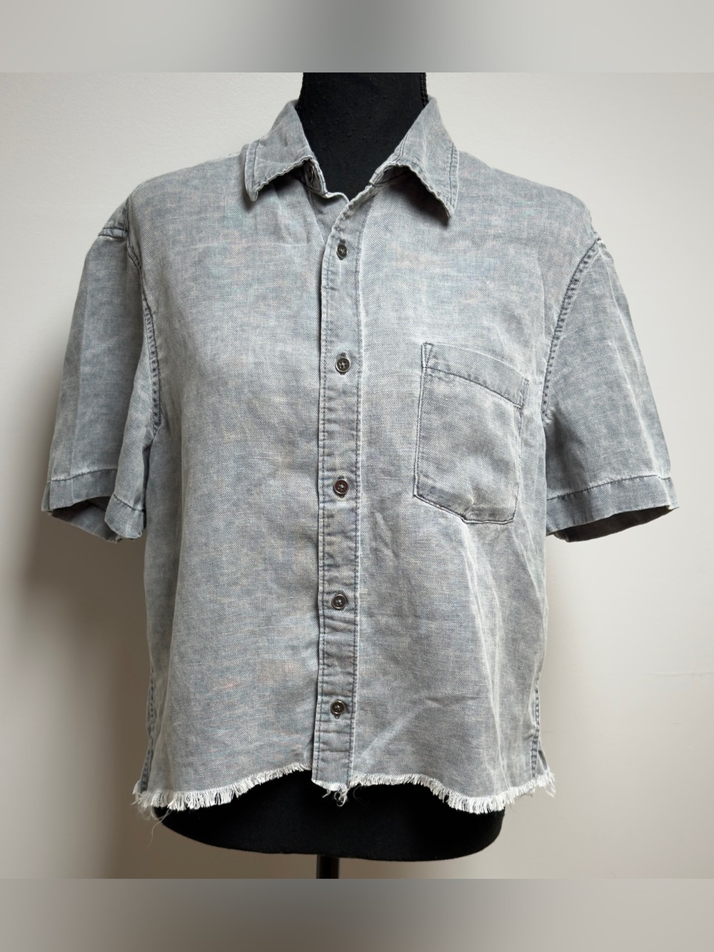 Thom Aaron Gray Linen Lyocell Crop Top Raw Hem Distressed Utility Shirt M
